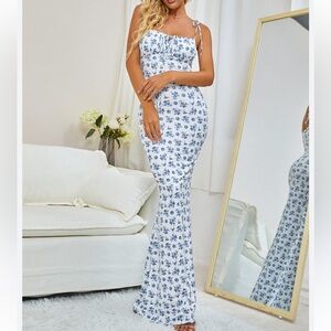 Chic White and Blue Floral Maxi Dress